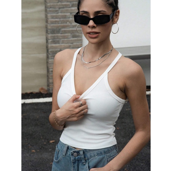 White Ribbed Tank Top Racerback V-Neck Slim Fit Stretchy Basic - Picture 7 of 15